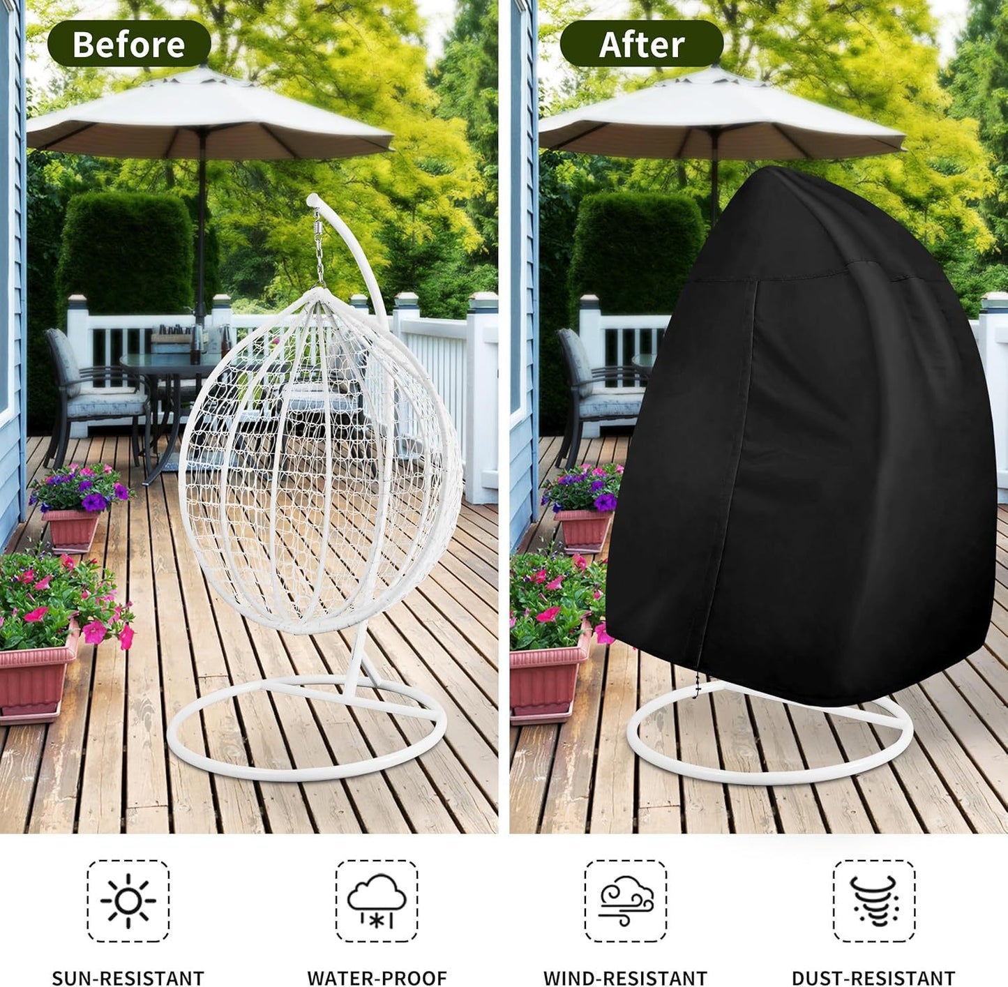 Black Heavy Duty Hanging Egg Chair Shield with Windproof Drawstring and Storage Bag - Waterproof & Dustproof Garden Swing Chair Protector (Double Seat 190 x 115 CM)