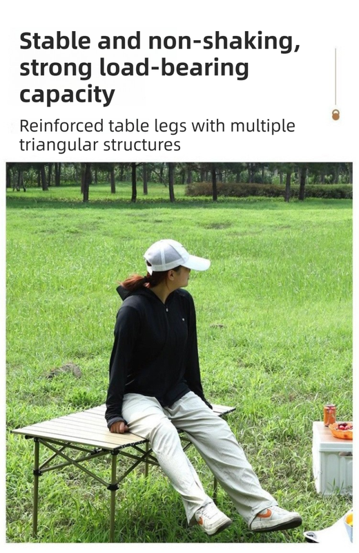 120CM Khaki Portable Folding Egg Roll Camping Table + 4-Pack 36CM Chairs with Storage Bag & Mesh Net- Heavy-Duty Carbon Steel Picnic Table for 6-8 People