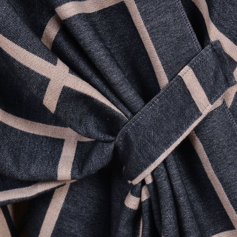 Grey Elegant Check Knit Travel Shawl with Stylish Side-Slit Design - Fall & Winter Luxurious Cashmere-Feel Pullover Cape (135 x 155 CM)