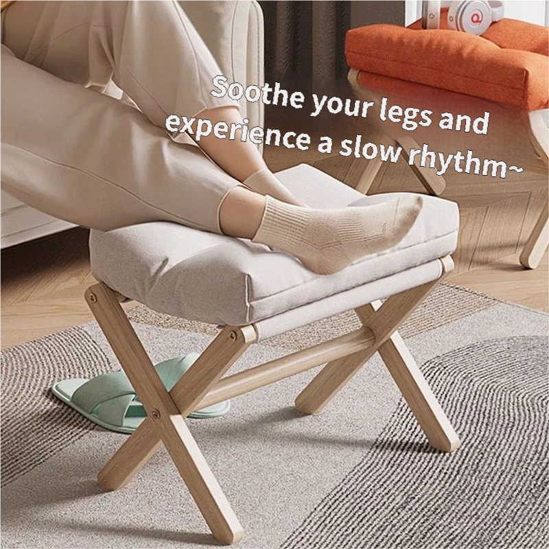 Brown Foldable Ottoman & Padded Footstool with Velcro Stability & Spare Cusion - Cotton Linen Portable Office Leg Rest & Entryway Shoe Stool
