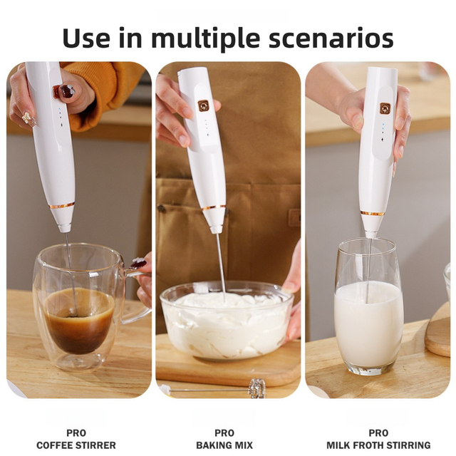 Black Wireless 3-Speed Milk Frother & Egg Whisk with Dual Mixing Heads & Hidden Hook - Handheld USB Rechargeable Foam Maker for Coffee, Cream & Baking