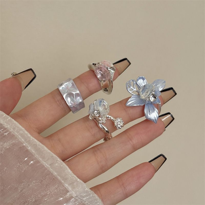 2PCS Vintage Camellia Handmade Enamel Stackable Wide Metal Rings A+B with Zirconia Accents - French Style Stackable Floral Band for Women