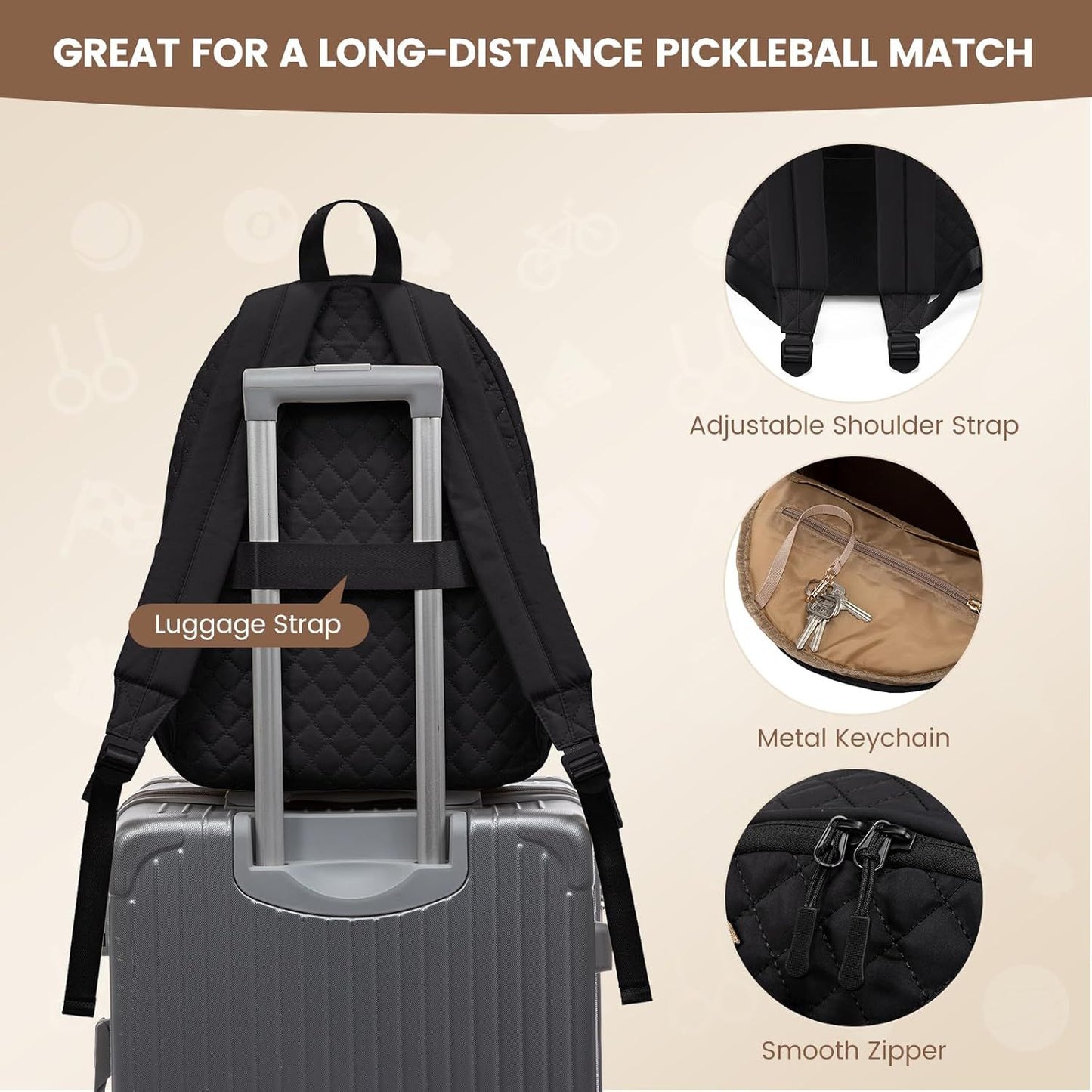 Beige Large Tennis & Pickleball Quilted Backpack and Sports Travel Tote for Men and Women - Racket Compartment, 2 Side Pockets & Multi-Pocket Organization (32x17x44.5 CM)