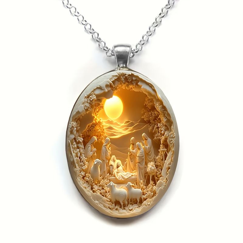 3D Nativity Scene Necklace- Oval Pendant, Jesus Birth Christmas Easter Gift for Women Men, Zinc Alloy Chain Necklace