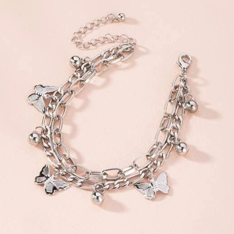 Silvery Butterfly Charm Layered Chain Bracelet - Gold and Silver Alloy Finish - Adjustable Double Strand Design, Lightweight Everyday Wear, Gift Ready,Gift Box Set