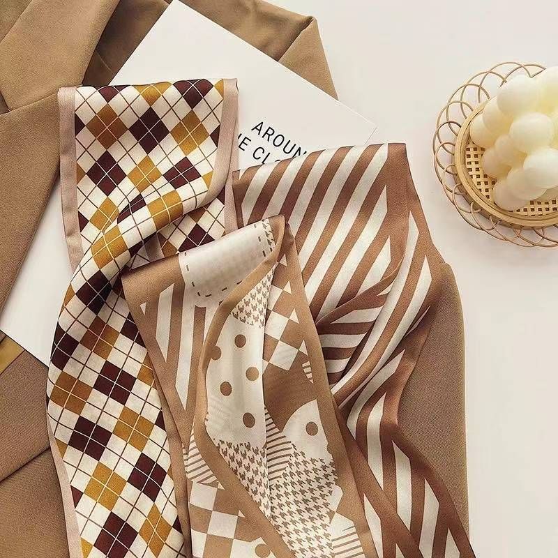 2-piece Coffee Geometric and Stripes French Style Long Silk Scarf - Coffee Print - Versatile Skinny Neck Ribbon, Hair Tie, Bag Handle Accessory, Elegant Office Wear, Lightweight Polyester