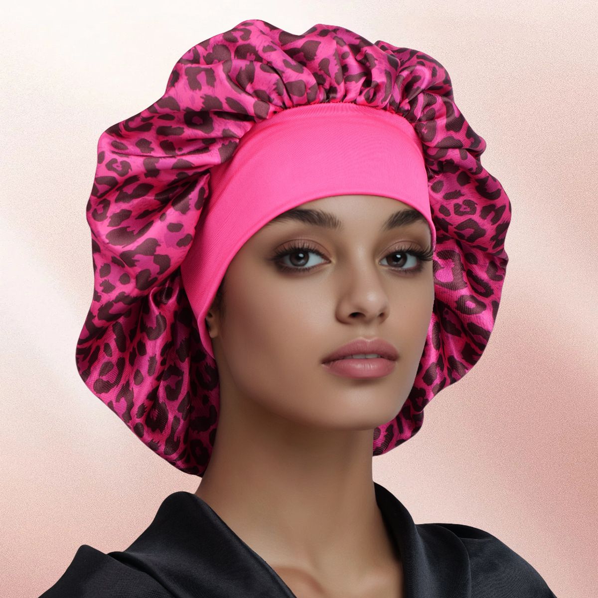 Pisces -Rose Red Leopard Print Satin Sleep Bonnet - Large Size Hair Protection Cap with Elastic Band, Soft Lined for Curly Hair, Night Wear and Spa Use