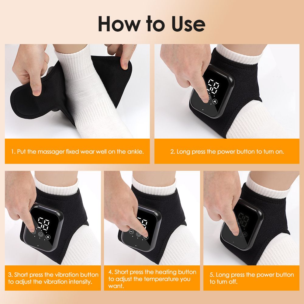 Black 2-piece Wireless Electric Ankle Massager with Heat and Vibration - 3 Heating Levels, 3 Vibration Modes, 15 Min Timer, 2000mAh Rechargeable Battery - Cordless Foot and Ankle Pain Relief Wrap for Men and Women