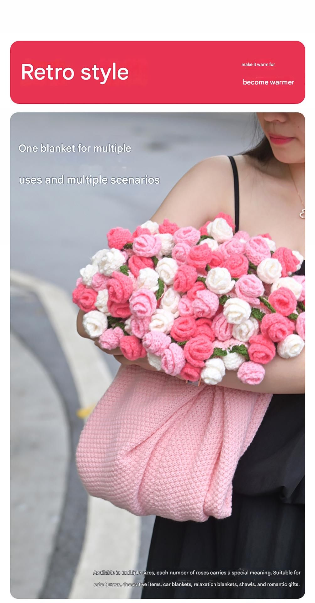 Pink and White Diameter: 120 cm -52 Woven Flowers Handmade Rose Bouquet Knit Blanket - Soft Pink Acrylic Throw with 3D Crochet Flowers - Perfect Gift for Her, Birthday, Valentine's Day, Home Decor