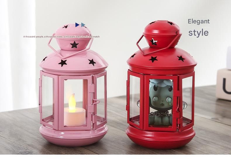 Pink European Style Star Cutout Metal Candle Lantern - Handcrafted Iron & Glass Decorative Lamp for Christmas, Home, Wedding, Party Easy to carry - Perfect for Living Room, Bedroom, Study