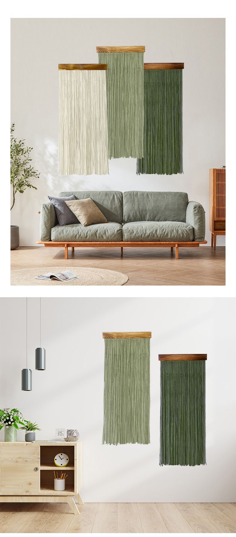Dark Green 90×40 cm Natural Fibre Tapestry -Handwoven Cotton Tassel Wall Hanging – Minimalist Boho Decor for Bedroom, Living Room & Café