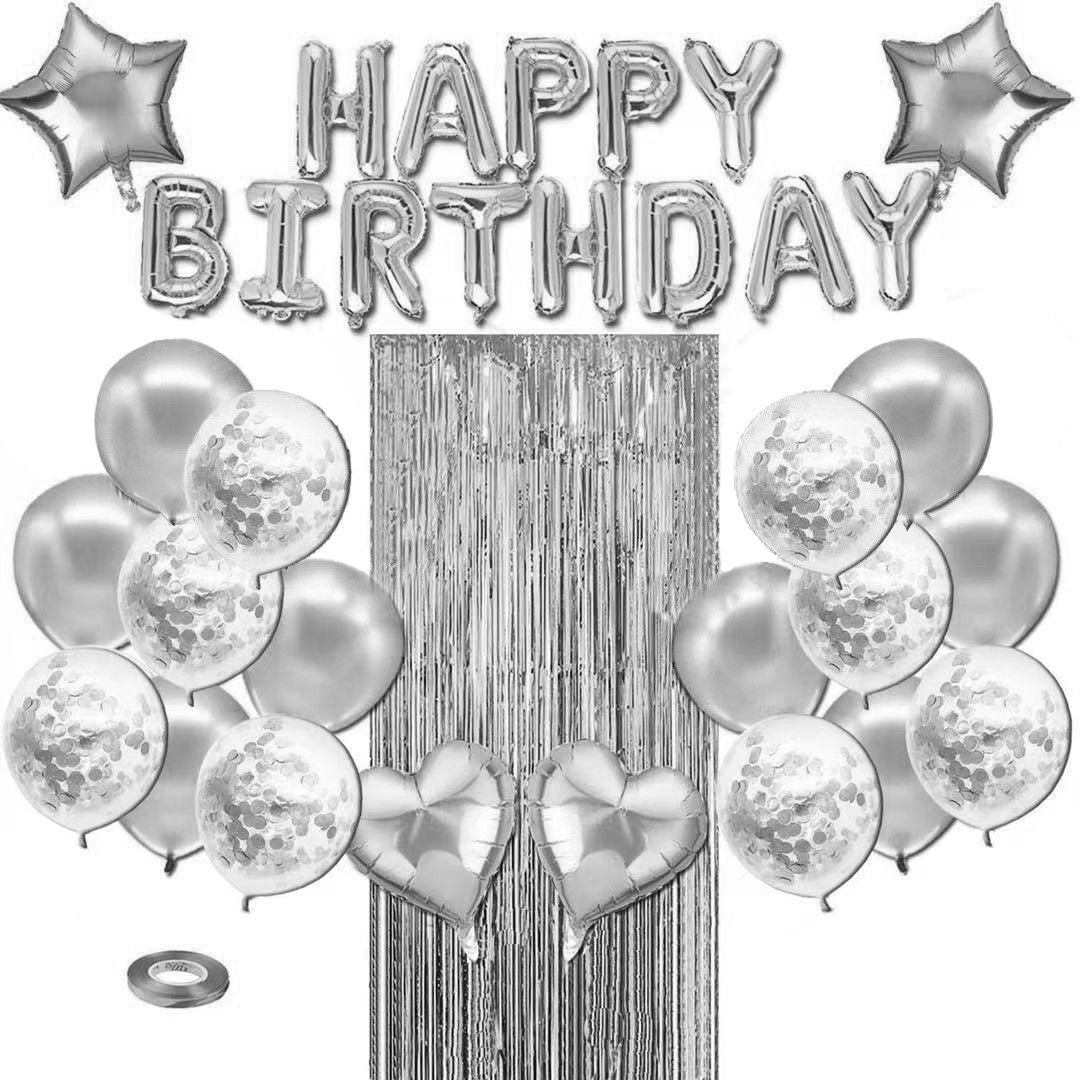 Black and White Premium Foil Balloon Party Kit – Happy Birthday Banner, 2 Star & 2 Heart Foil Balloons, 10 Confetti + 10 Pearl Latex Balloons, 2m Fringe Curtain & 10m Ribbon – Elegant, Easy Setup for Birthdays & Celebrations