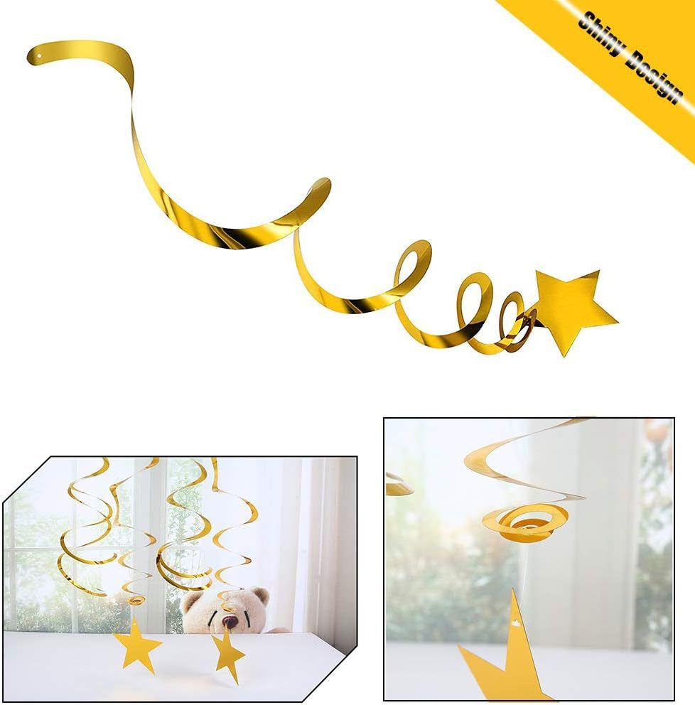 30-Piece Set for Golden and Red and Black Star Spiral Hanging Decorations - Kids Birthday, Wedding, Graduation, and Party Ceiling Decoration - Festive Swirl Streamers, Easy Hang Party Supplies