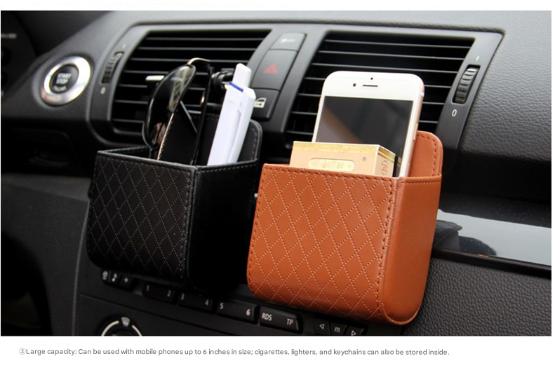 Black Leather Car Air Vent Storage Bag - Multi-Purpose Phone Holder & Organiser Pouch for Sunglasses, Keys, Cards - Universal Fit, Easy Install, Compact Design for Dashboard Tidy