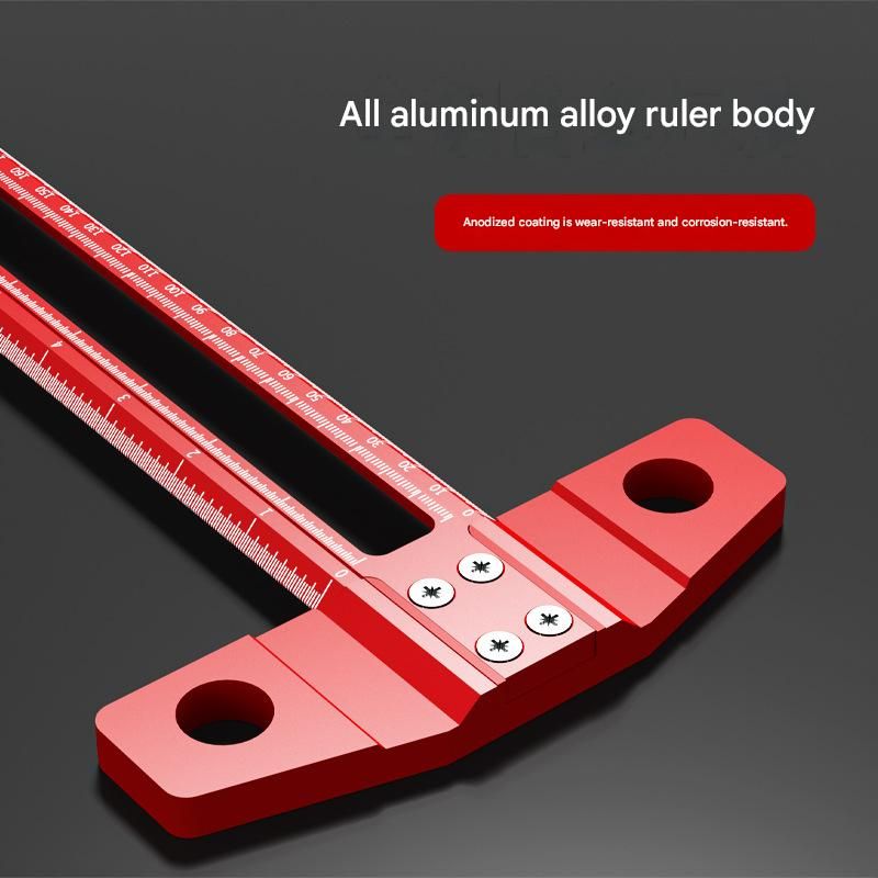 Red Multifunctional T-Square Ruler 0-300mm - Aluminium Alloy with Laser Engraved Scale - Interchangeable Drill Bushings, 90 Degree Marking & Drilling Guide for Woodworking, DIY and Carpentry