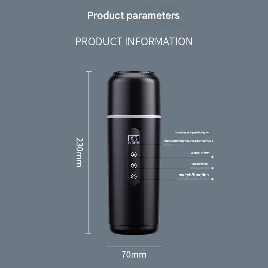 Black Portable Car Electric Kettle 12V/24V Universal USB Travel Water Boiler 500ml 316 Stainless Steel Smart Temperature Control