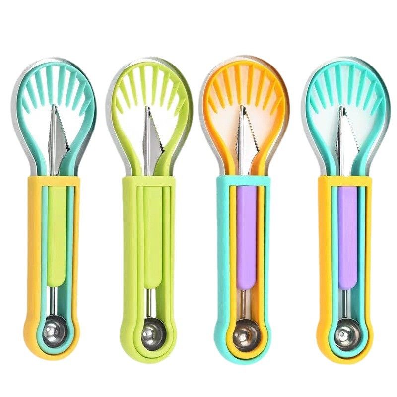 2-Piece Fruit Carving Tool Set Melon Baller Scoop Knife Stainless Steel(Green)