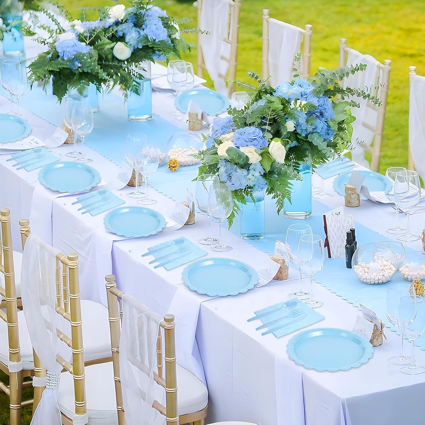 7-Piece Light Blue Scalloped Party Tableware Set for 50 Guests - Disposable Paper Plates 7 / 9 inch, 9oz Cups, Napkins, Cutlery with Matching Tablecloth for Birthday, Baby Shower, EOFY Event
