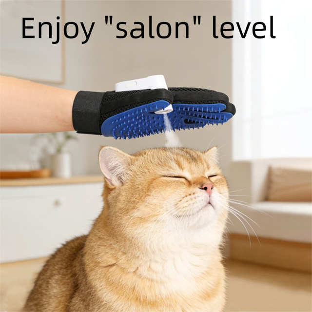 Black Blue Pet Grooming Spray Glove with White Detachable Typec Mister - TPR Soft Deshedding & Massage Brush Glove for Cats and Dogs, Anti Static Spray to Reduce Flying Fur and Easy to Clean