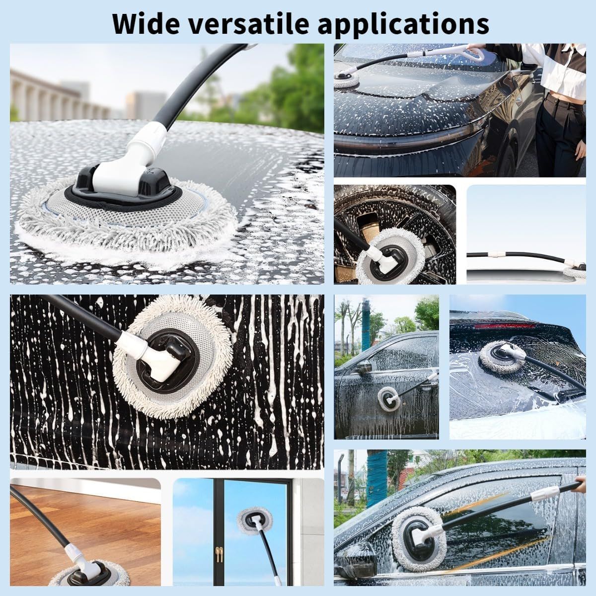 Professional Telescopic(55-120cm) Car Microfiber Wash Mop - 90° Rotating Detachable Brush Head, 15° Ergonomic Curved Rod & Handle - Durable Aluminum Alloy Chenille Brush for Car, Home and Window Cleaning