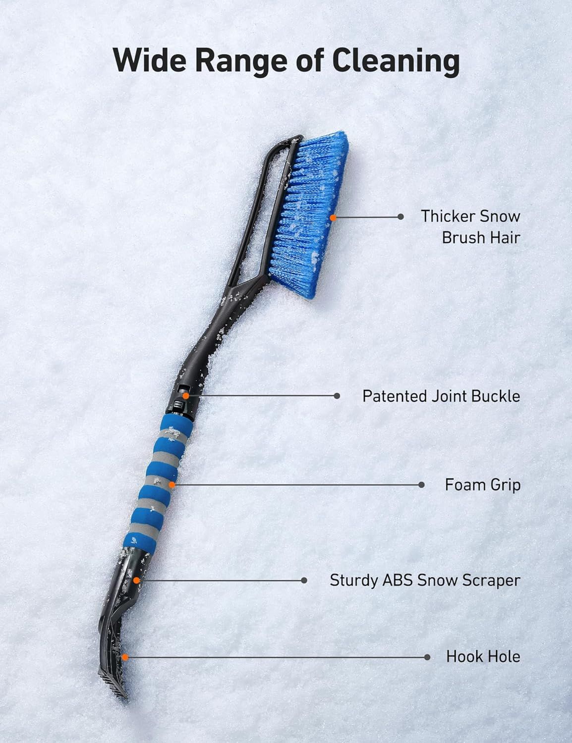 27" Car Snow Brush and Ice Scraper – 2-in-1 Detachable Car Windshield Winter Clearing Tool with Soft Foam Grip & Paint-Safe Scraping Chutes for Cars, Trucks, SUVs (Heavy Duty ABS, Thickened Nylon Brush, Blue)