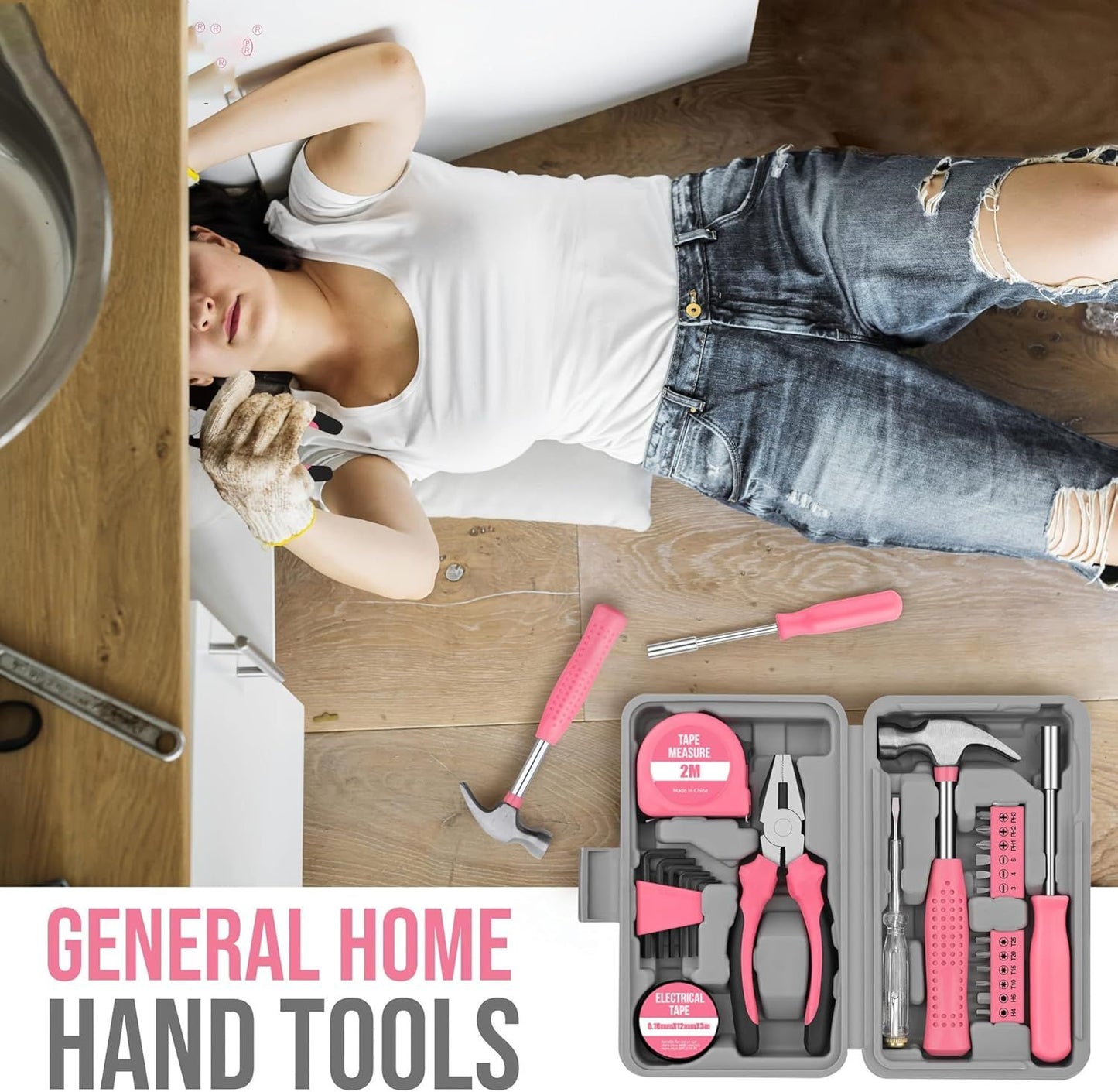 24-Piece Pink Multifunctional Home Tool Kit for Women - Compact Mini Starter Hardware Set with Hammer, Pliers, Screwdrivers - Portable Household Hand Tools for DIY Assembly & Gift Giving