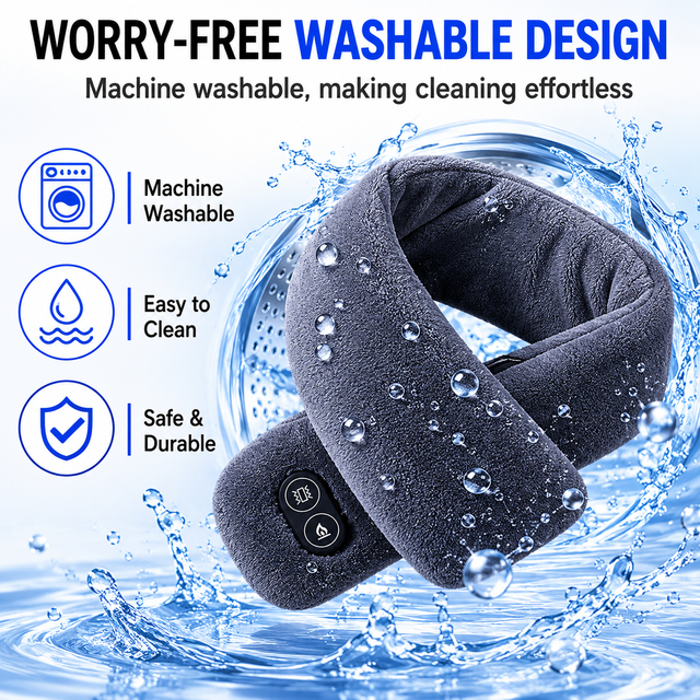 White Plush USB Heated Massage Neck Scarf with 3 Temp & 3 Vibration Massage Modes - Washable Winter Neck Warmer, Built-in Power Bank Zippered Storage Bag for Men and Women