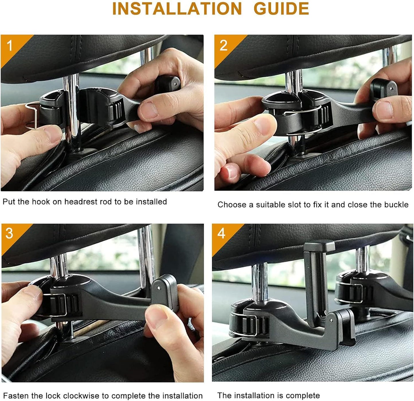 4 Pack Black Car Headrest Hook with Phone Holder for Purses Bags and 4-6.5 Inch Smartphones, Universal 360 Rotation Back Seat Storage Hook and Mobile Stand