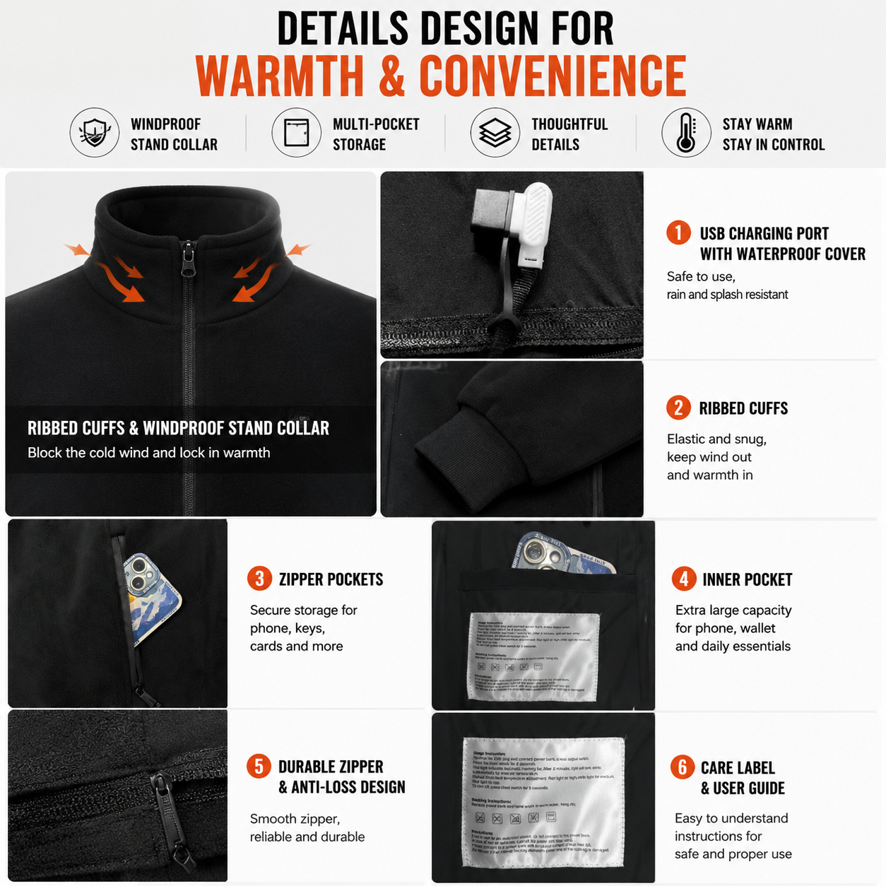 3XL Size Winter USB Heated Windproof Soft Fleece Warm Jacket for Men and Women – 8 Zones Graphene & Carbon Fiber Fast Heating Coat with Front & Back Dual-Control Button and 3 Level Heating, Washable Design, Muti Pockets, Ribbed Cuff & Stand Collar