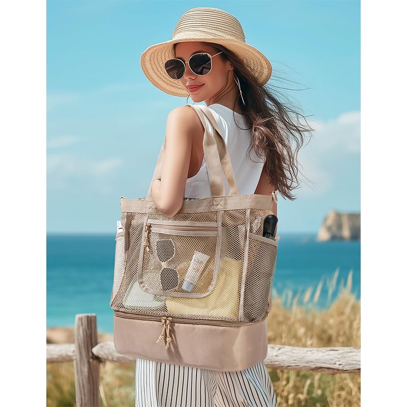 16.5 x 7.9 x 18.9" Khaki Beach Travel Mesh Tote Bag with 14L Insulated Drink Compartment - Multi Pockets Sandproof Beach Picnic Bag with Picnic Mat Strap, Cup Holder and Waterproof Phone Pocket