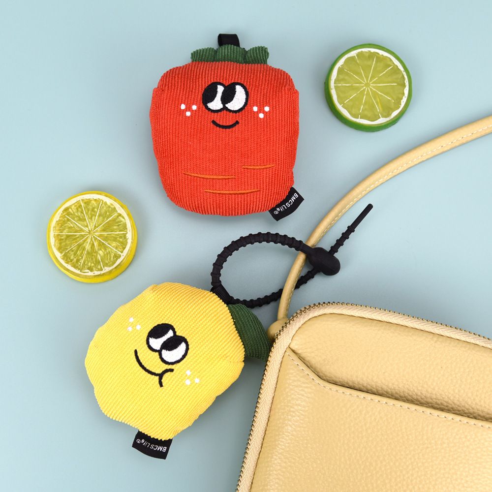Portable Carrot Lemon Corduroy Storage Pouch with Zipper and Hidden Folding Shopping Bag - Lightweight Reusable Eco Grocery Tote Bag with Fruit Charm for Shopping, Travel, Books, iPad and Daily Essentials