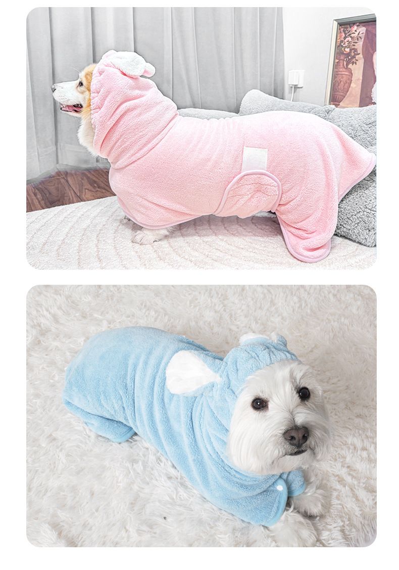 Pink M size Pet Drying Robe with Hood - Quick Dry Coral Fleece Towel for Dogs and Cats, Super Absorbent Bathrobe with Cute Rabbit Ears, Adjustable Fit for All Sizes, Easy to Wear and Machine Washable