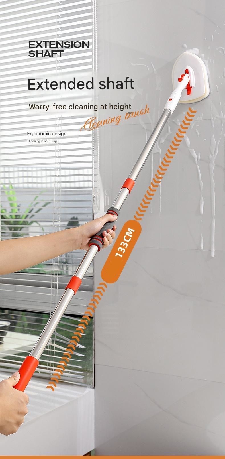 5-piece(Three-section pole+stiff brush+ base plate+fiber cloth+scouring pad) Long Handle Bathroom Floor Scrub Brush - 180° Rotating Angle, Stainless Steel Pole, Corner Cleaning Design for Tiles, Grout, Bathtub, Shower - Heavy Duty Cleaning Tool