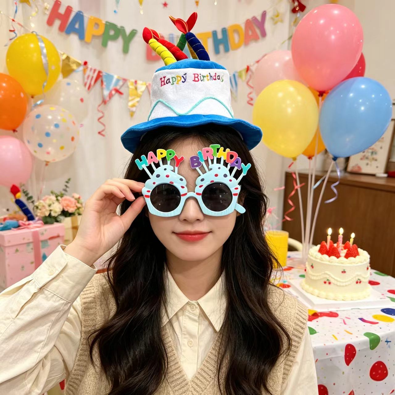 2-piece Blue Plush Birthday Cake Hat Set - Novelty Party Accessory with Matching Glasses, Fun Photo Prop for Adults and Kids