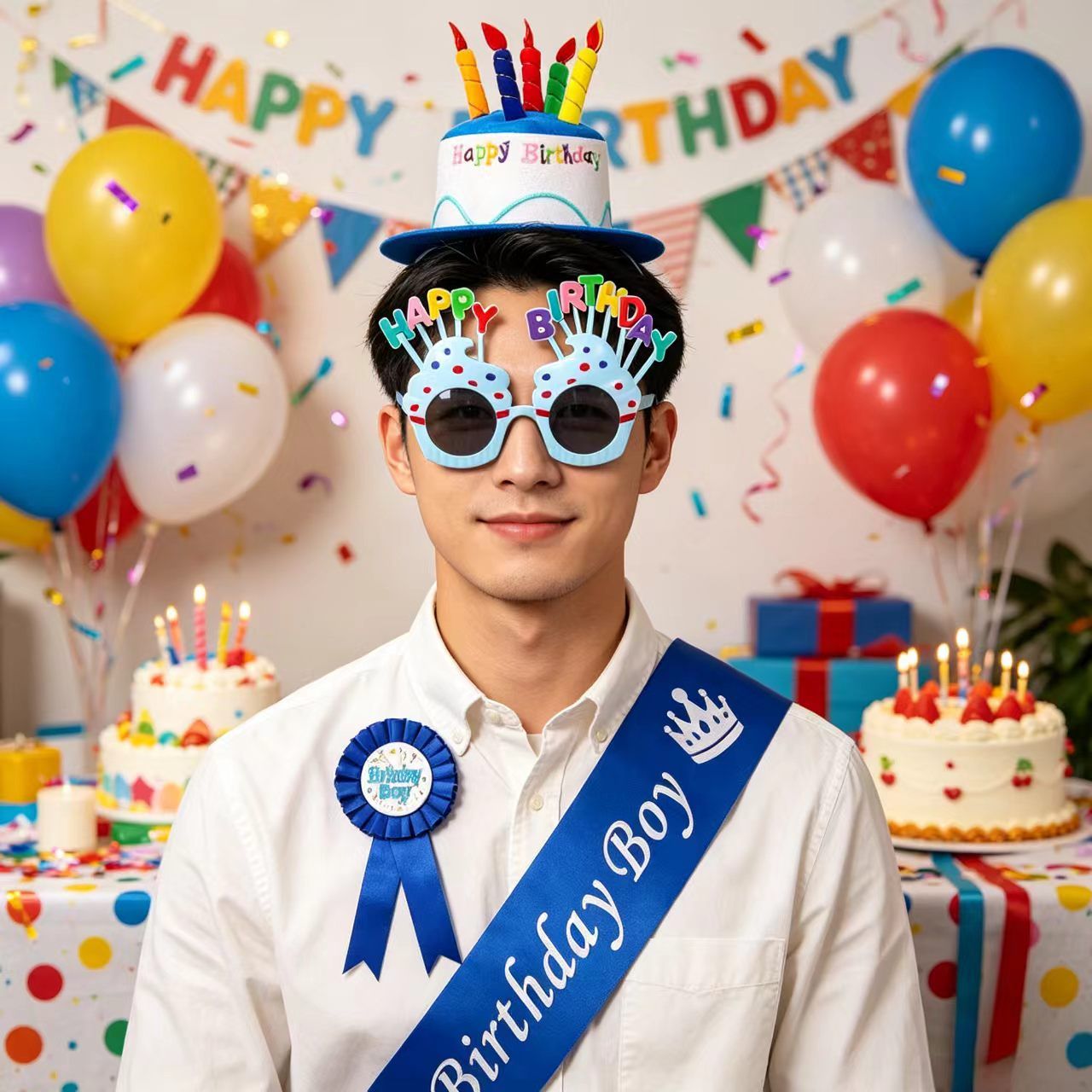 4-piece Blue Plush Birthday Cake Hat Set - Novelty Party Accessory with Matching Glasses and Medals and Shoulder Straps, Fun Photo Prop for Adults and Kids