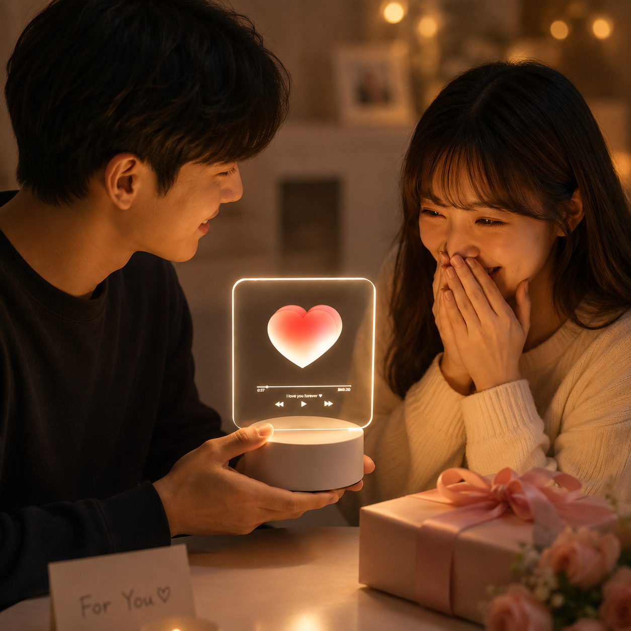Creative Romantic Home Gift Set - White Dual Spray USB Humidifier with Warm LED Night Light and White Acrylic Decorative Ambient Lamp, Portable Lamp and Car Humidifier Bundle for Bedroom Office Living Room