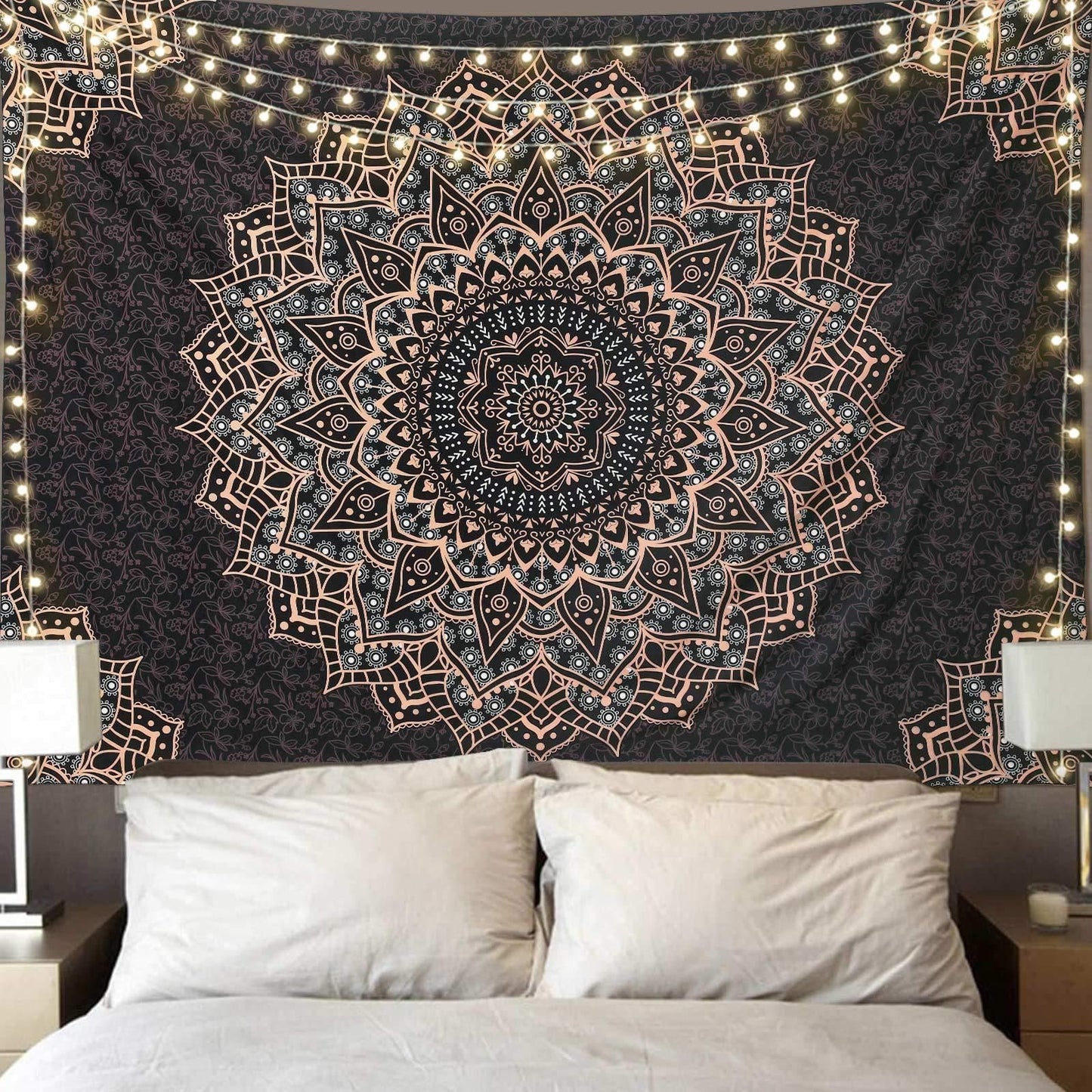 Pink Cat Ear Sunset Projection Lamp and 150x200cm Black Mandala Tapestry Combo - USB Powered ABS Mini Light withPolyester Wall Hanging for Bedroom, Living Room & Photography Ambiance
