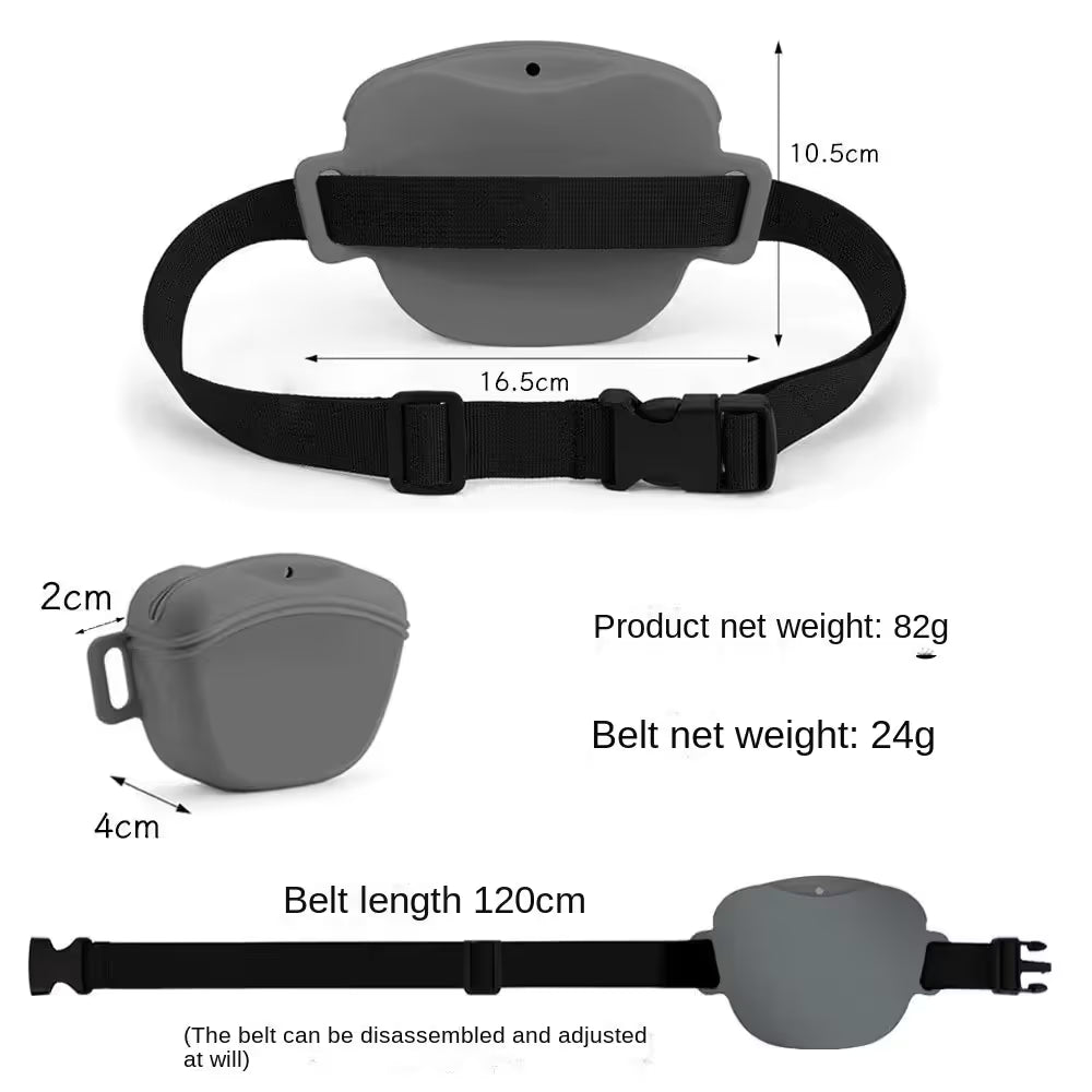 Gray Silicone Dog Training Treat Pouch with Adjustable Waist Belt Hands-Free Pet Reward Bag for Outdoor Walks
