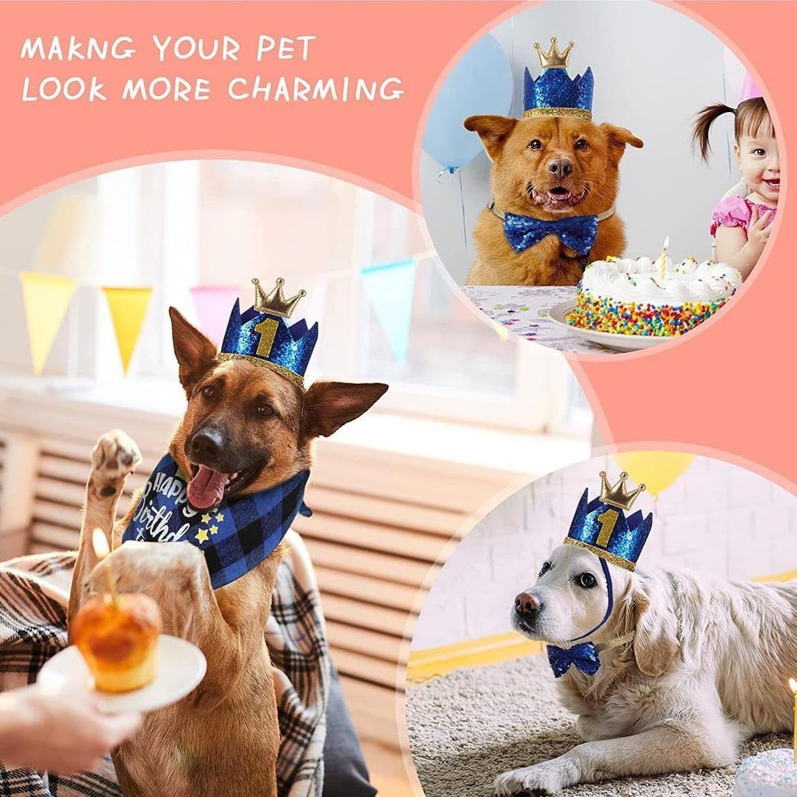 Blue Pet Birthday Party Decoration Set Dog Birthday Bandana Hat Bow Tie Balloons and Happy Birthday Banner Kit