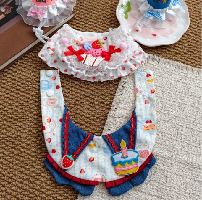 Size M Blue Pet Birthday Party Supplies Strawberry Cake Bib and Hat Set Cat Dog Costume Photo Shoot Outfit