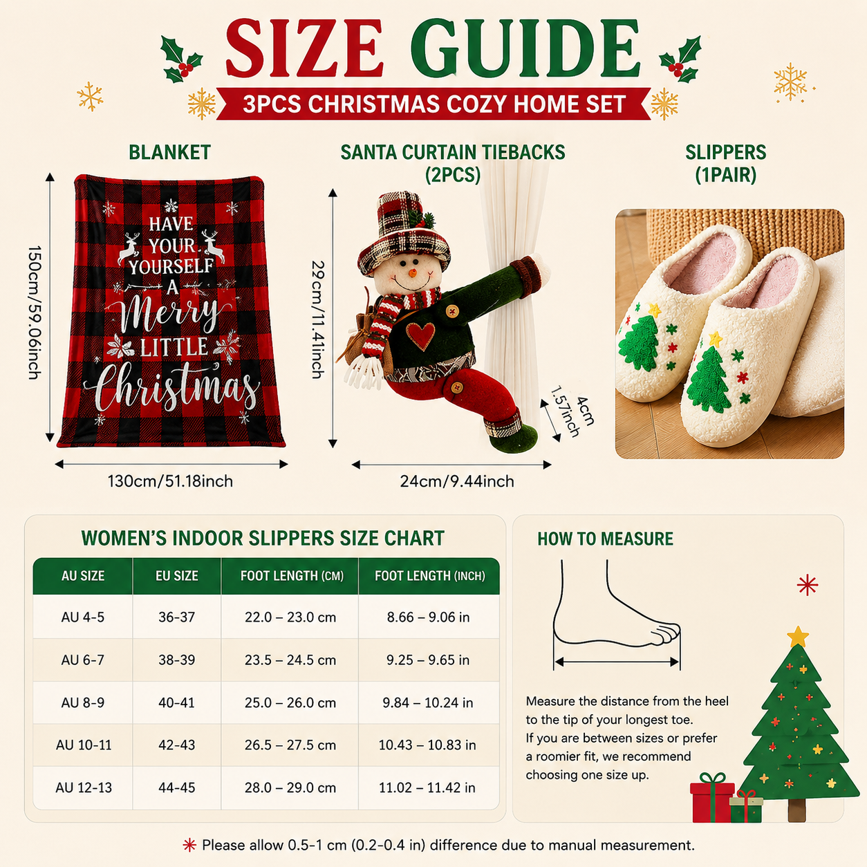 Christmas Home Comfort Set with Flannel Throw Blanket 130x150cm, Plush Indoor Slippers AU 10-11 and Snowman Curtain Tiebacks Set of 2, Festive Holiday Gift Bundle