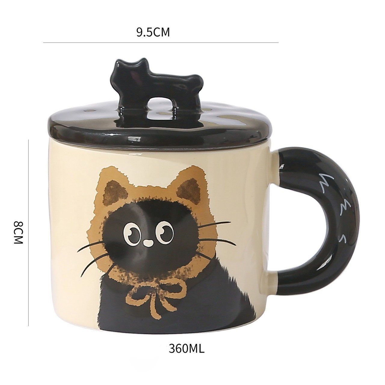 Brown Cute Cat Ceramic Mug with Lid 360ml, Kawaii Coffee Cup Gift Set for Home Office Tea Cocoa and Hot Drinks