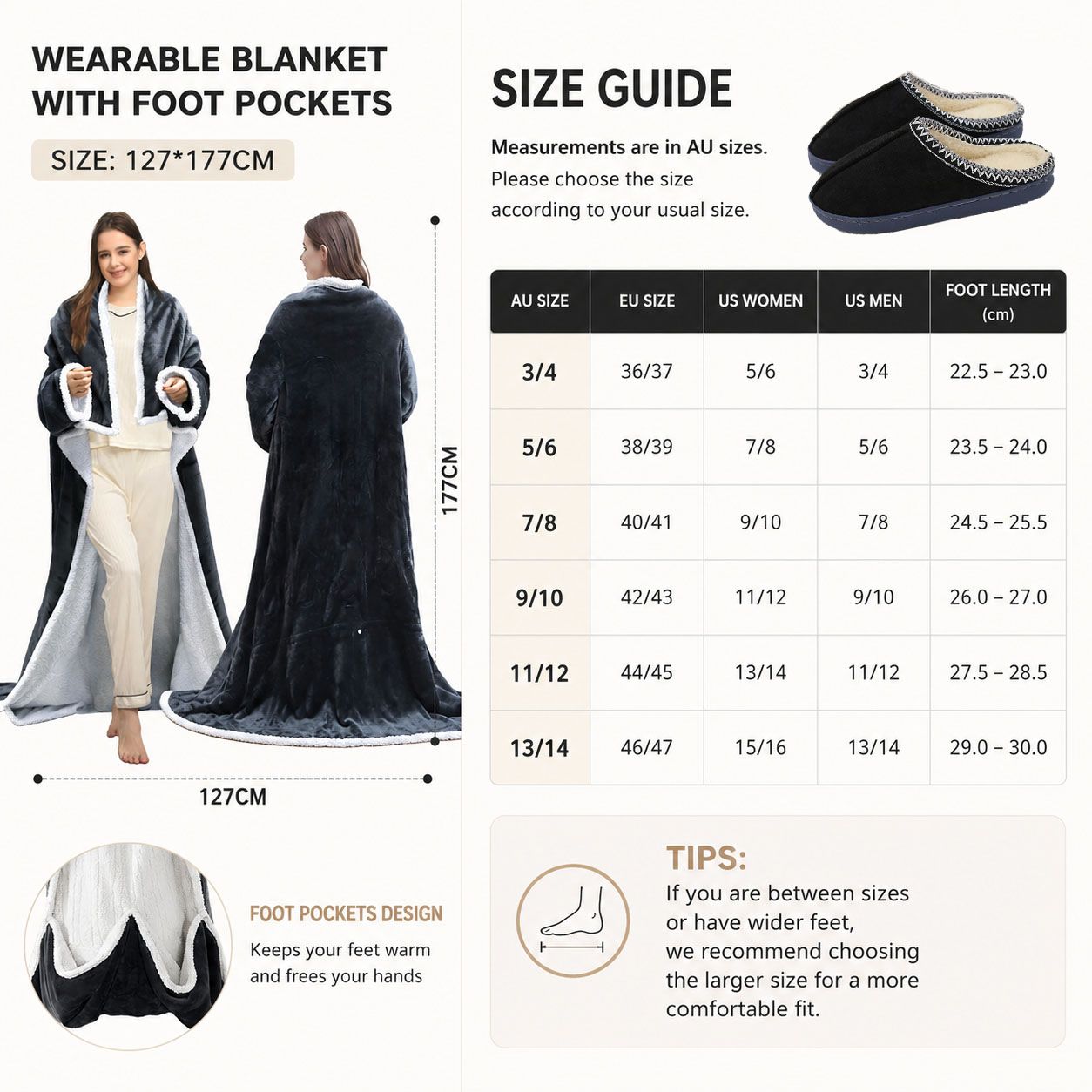Wearable Electric Heated Blanket with Foot Pocket 127x177cm and Suede Fleece Slippers Set AU 9-10, Winter Warm Home Comfort Bundle