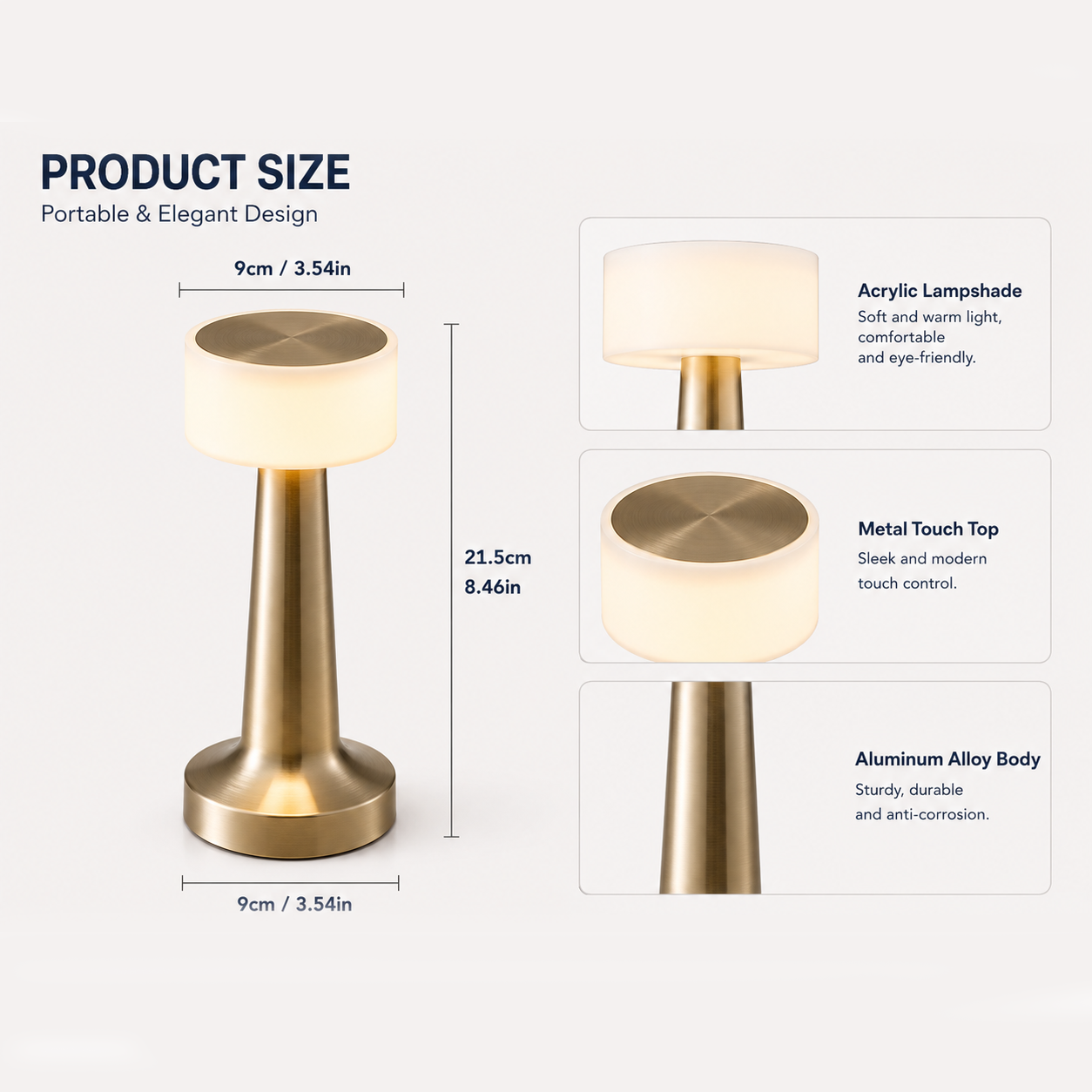 Silver Rechargeable Acrylic Shade UFO Table Lamp Touch Control LED Bedside Night Light, Cordless Ambient Desk Lamp for Bedroom Living Room Camping