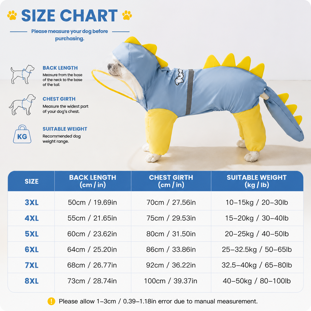 Blue Dog Raincoat Dinosaur Hooded Waterproof Jacket 7XL Size with Leash Hole Removable Tail Cover Full Body Coverage Pet Rain Coat for Outdoor Walking Large Dogs