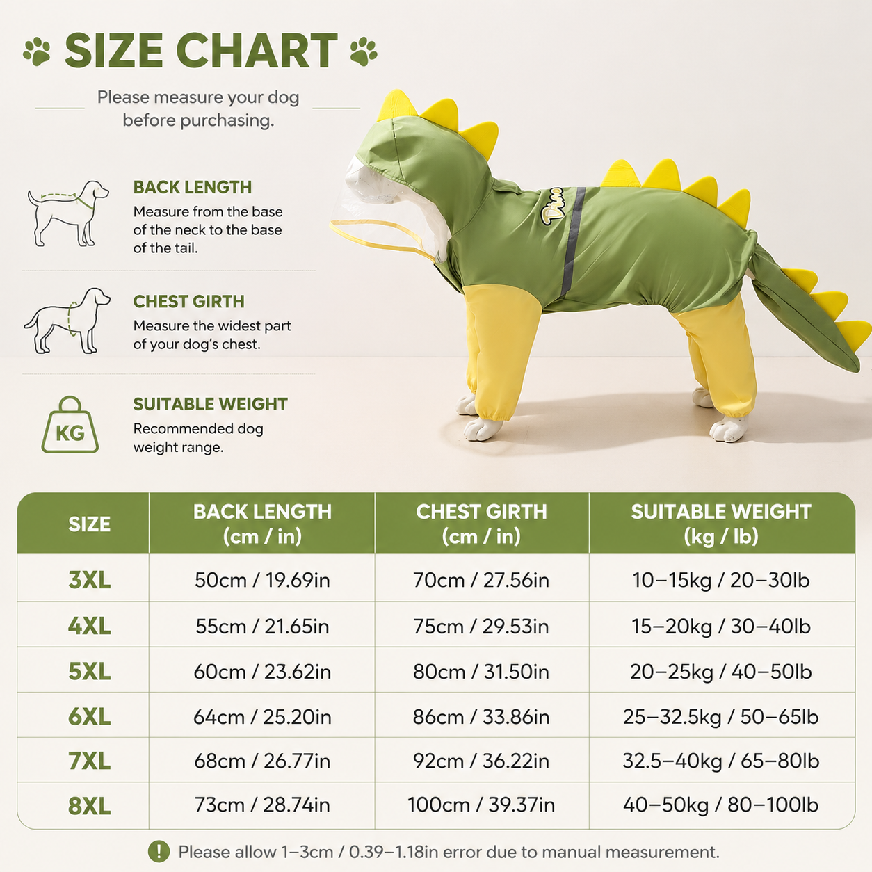 Green Dog Raincoat Dinosaur Hooded Waterproof Jacket 3XL Size with Leash Hole Removable Tail Cover Full Body Coverage Pet Rain Coat for Outdoor Walking Large Dogs
