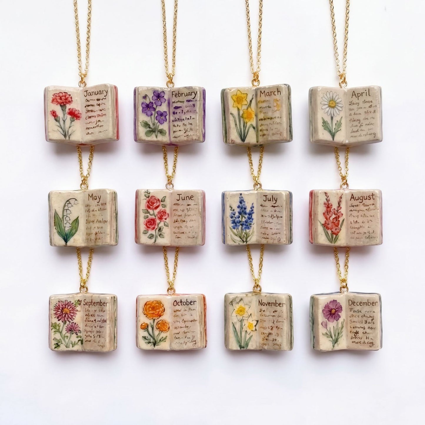 Vintage-style book necklace with April birthday flowers, a luxurious gold-plated bronze exquisite floral pendant gift