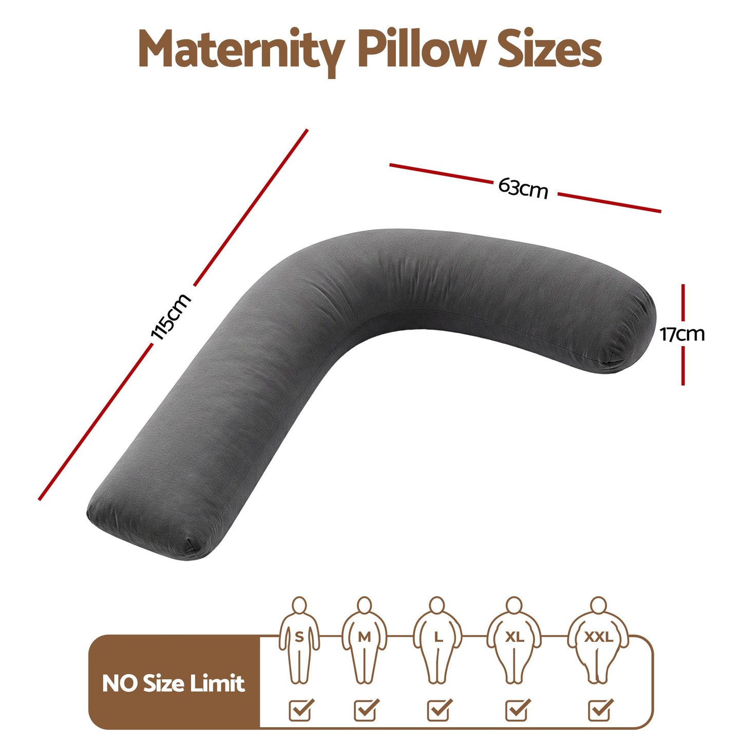 Giselle Bedding Pregnancy Pillow for Side Sleeping L-Shaped Maternity Body Pillow for Women 100% Cotton Jersey Cover for Head Neck Belly Support, 63x115 cm Grey
