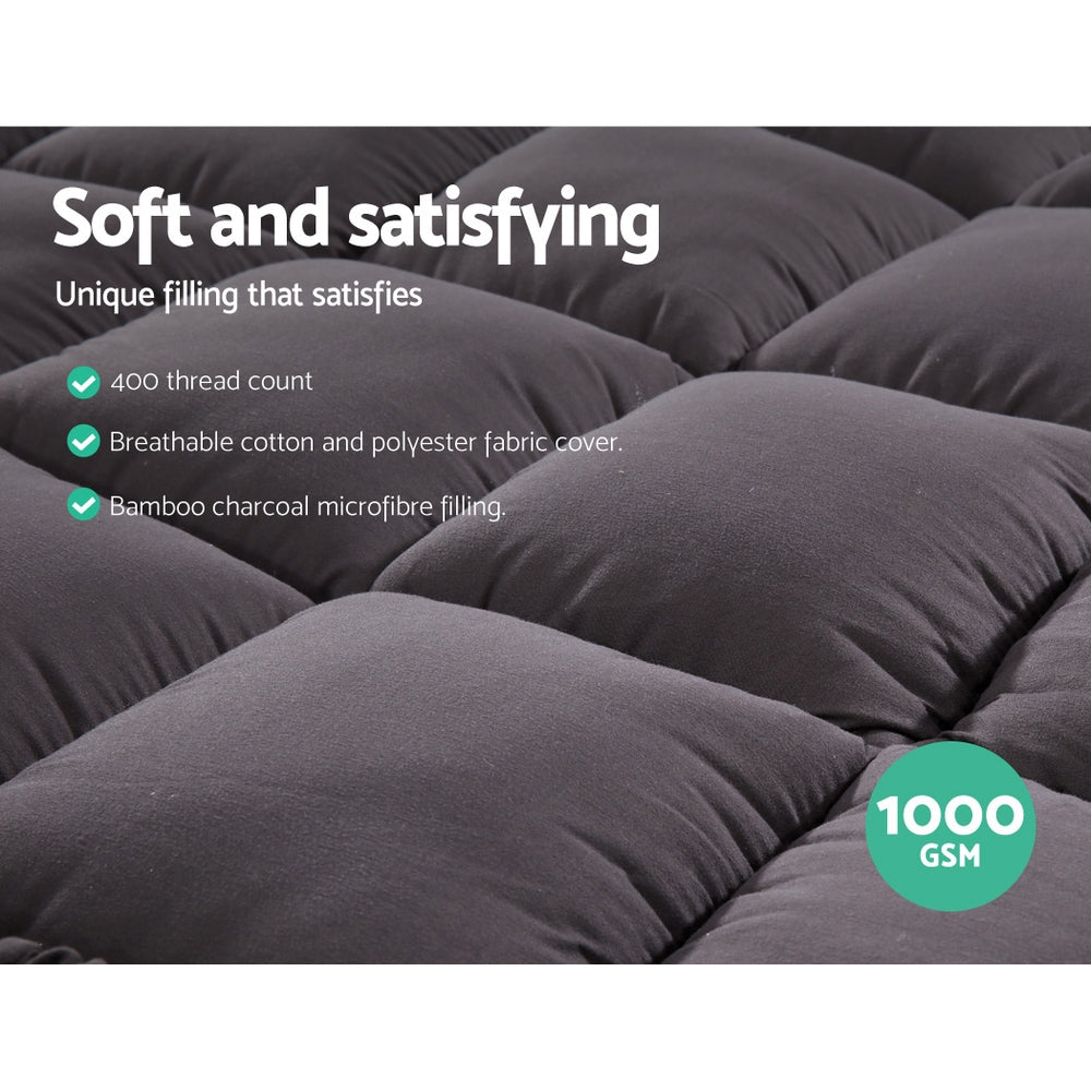 Giselle Bedding Bamboo Charcoal Filling Pillowtop Topper 1000GSM 5cm Thick Pillowtop Pad for Back Pain Relief Washable with 45cm Deep Pocket King Single