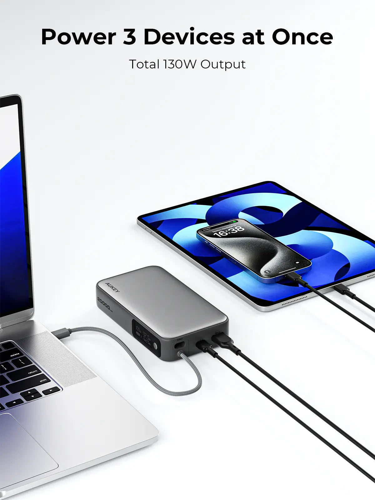 AUKEY Spark Sling 20000mAh 130W Power Bank with Built-in USB-C Cable & Digital Display – PB-Y48